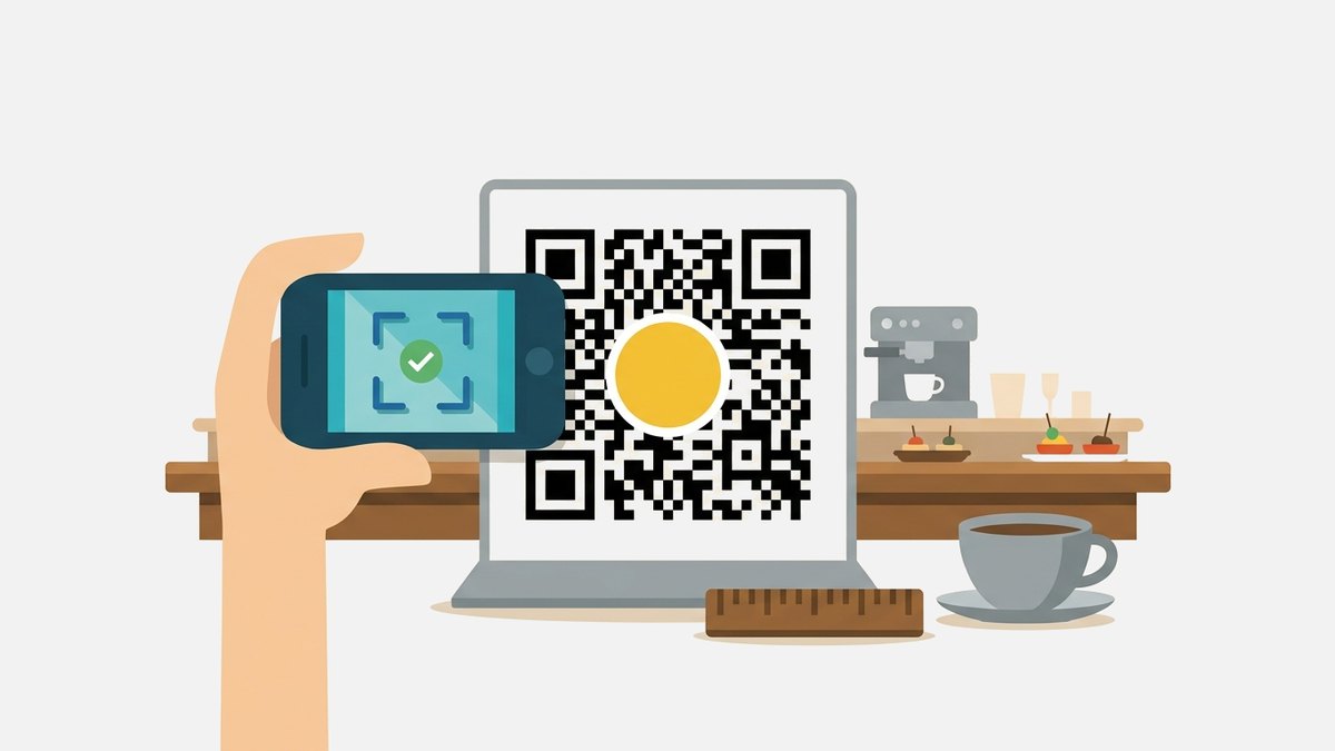 Cartelito de mesa con un código QR y un móvil apuntando con la cámara, sobre la barra de un bar