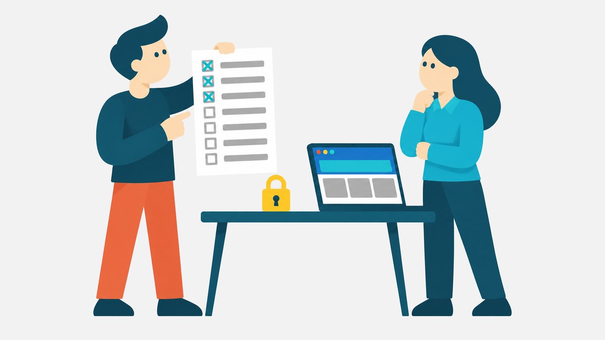 Ilustración: dos personas ante una mesa, una con una lista de siete preguntas y la otra con un portátil que muestra una web; un candado sobre la mesa