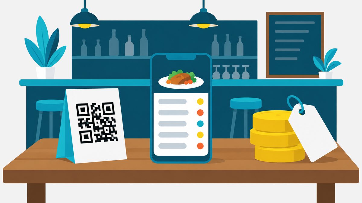 Cartel de mesa con un código QR, un móvil con la carta del bar y unas monedas con una etiqueta de precio, sobre la mesa de un bar