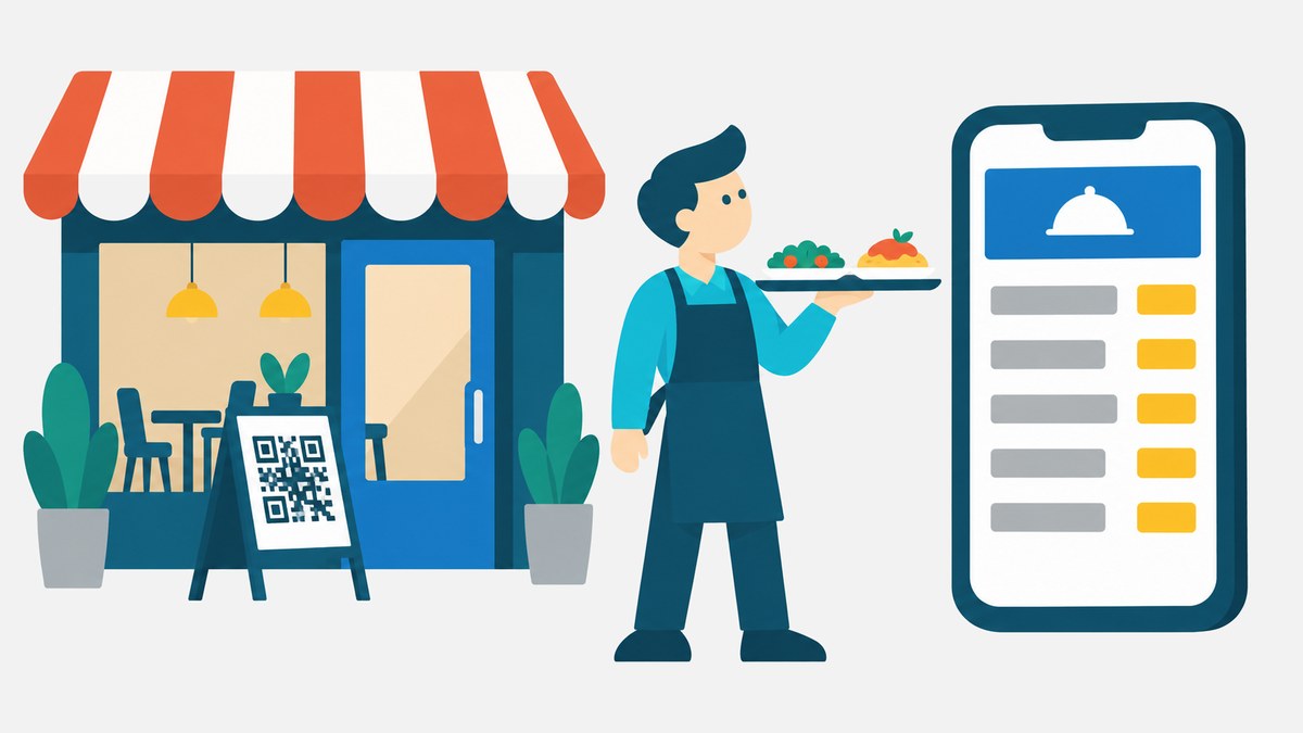 Ilustración: la fachada de un restaurante con un cartel con código QR en la puerta, un camarero con una bandeja y un móvil grande con la carta digital