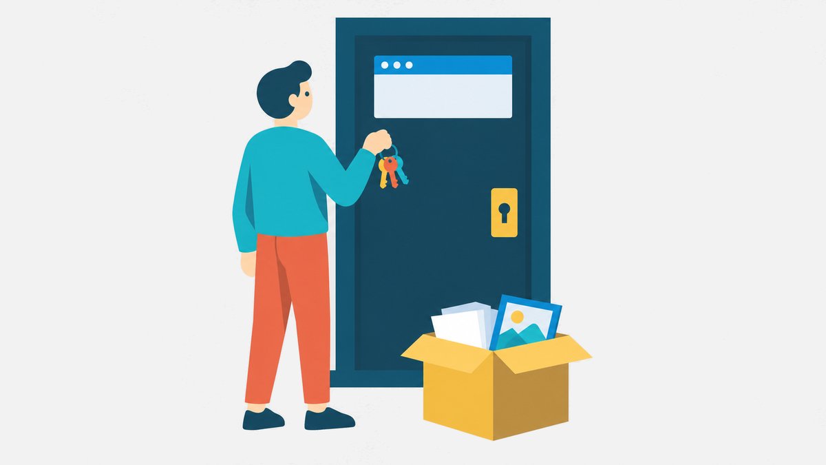 Ilustración: una persona con un llavero de tres llaves delante de una puerta cerrada con forma de web, y una caja con papeles y una foto a sus pies