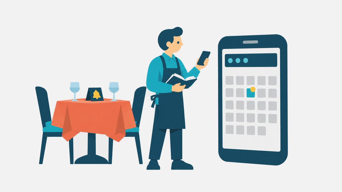Ilustración: una mesa de restaurante reservada, un camarero con una libreta mirando su móvil y un móvil grande con un calendario de reservas