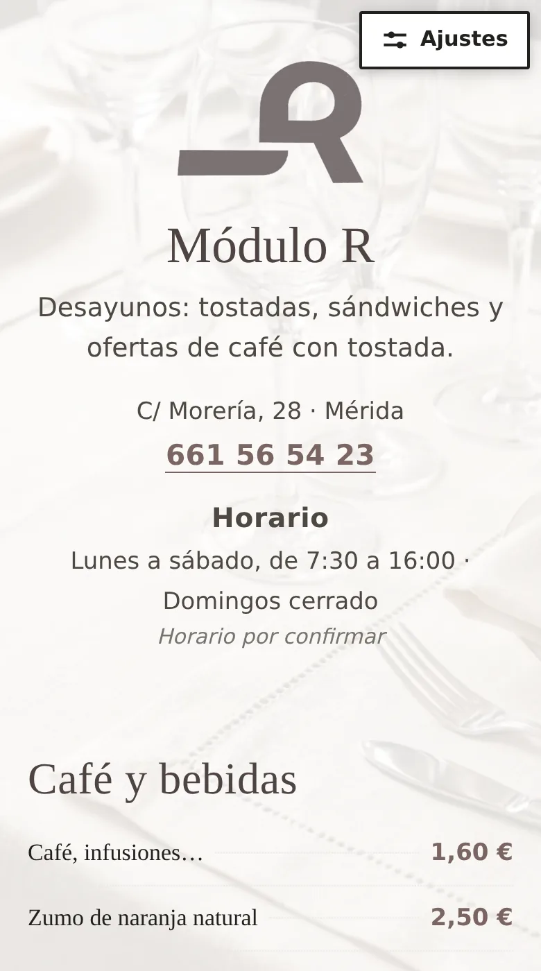 La carta de Módulo R en el móvil: logotipo, dirección, horario y la sección de café y bebidas con sus precios