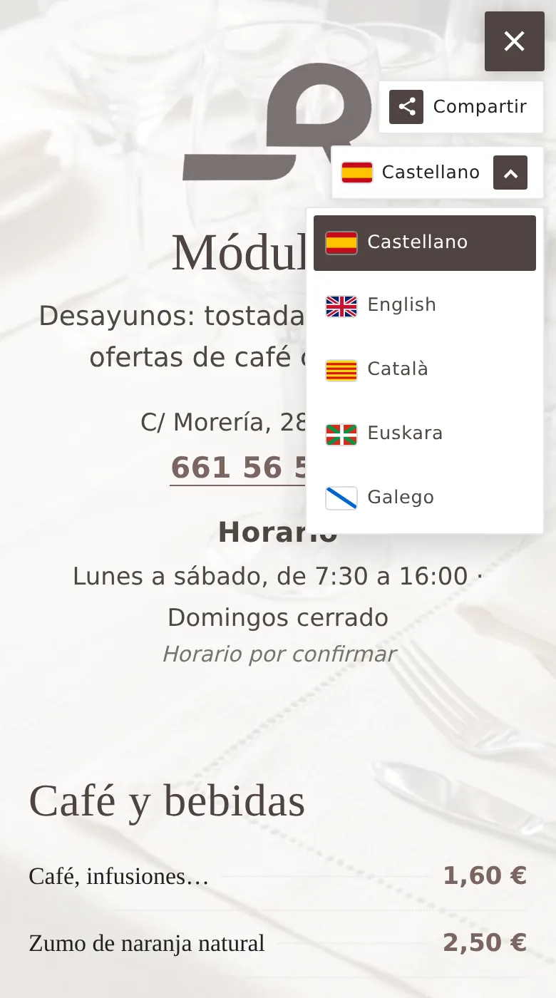 El menú de idiomas desplegado: castellano, English, català, euskara y galego